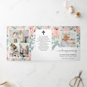 Programa Com Borda Tripla Memorial Pink Peony Watercolor Funeral Floral