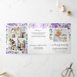 Programa Com Borda Tripla Memorial Purple Watercolor Floral Funeral