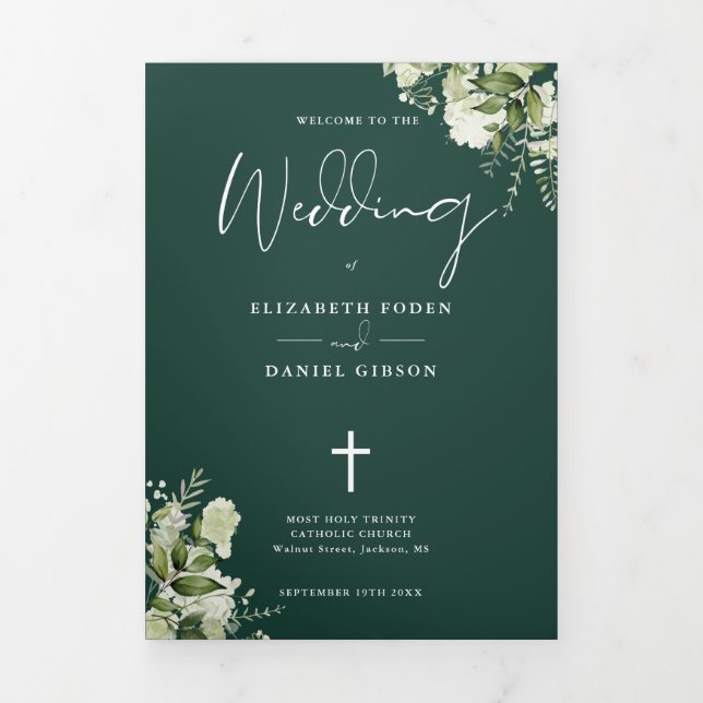 Programa Com Borda Tripla Missa de Casamento Católica Floral Esmeralda (Cobrir)