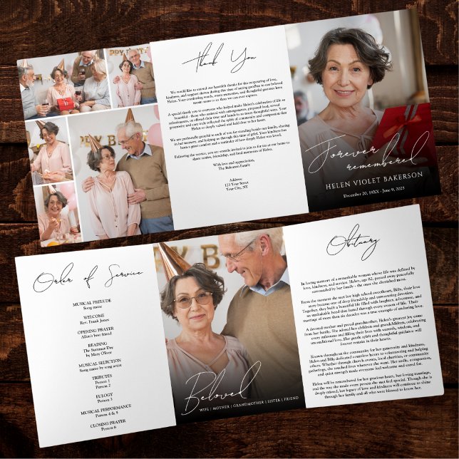 Programa Com Borda Tripla Modern Elegant 7 Photo Trifold Funeral Program (Criador carregado)