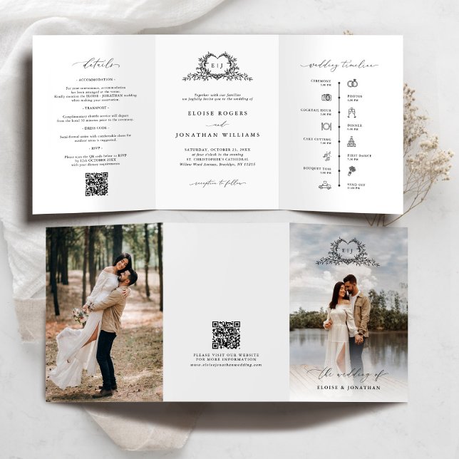 Programa Com Borda Tripla Modern Minimalist Crest monogram Wedding Invite (Modern Minimalist Crest monogram tri fold photo Wedding Invite / announcement with QR code timeline)