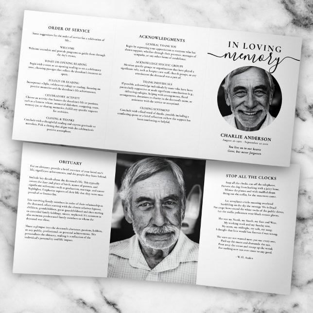 Programa Com Borda Tripla Modern Script 2-Photo Trifold Funeral Program (Criador carregado)