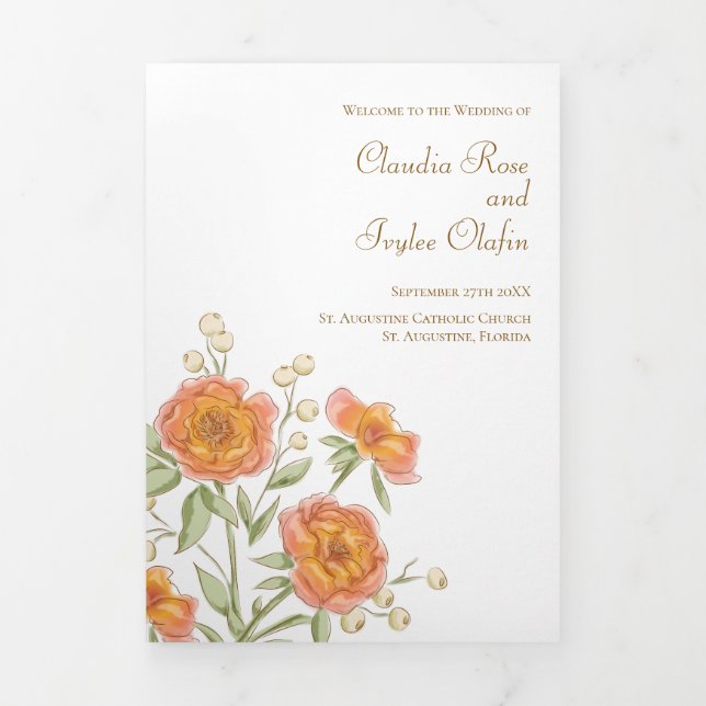 Programa Com Borda Tripla Orange Rose Wedding Programs (Cobrir)