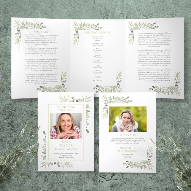 Programa Com Borda Tripla Ordem de Serviço de Verduras Funeral Memorial (Order Of Service Greenery Funeral Memorial Tri-Fold Program)