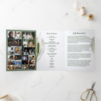 Programa Com Borda Tripla Peace Lily Photo Collage Tri‑Fold Funeral Template