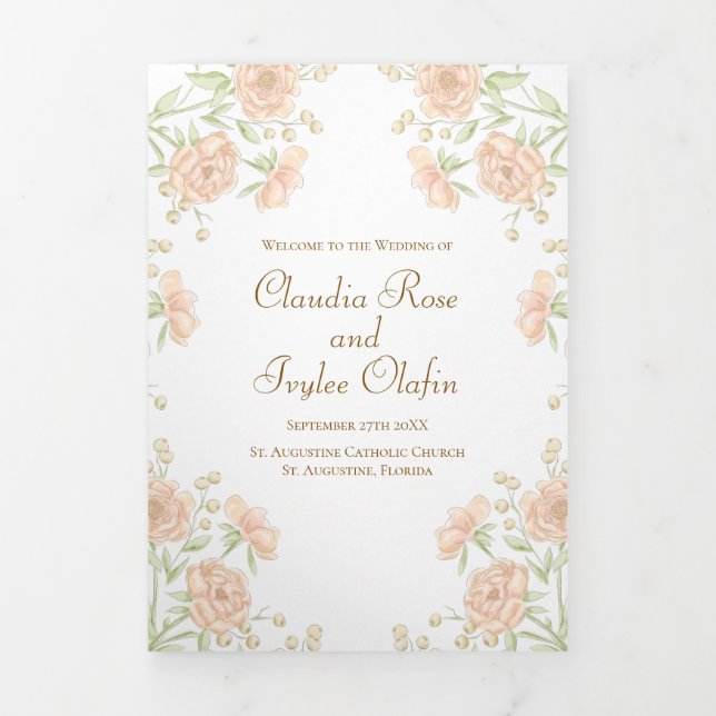 Programa Com Borda Tripla Peach Rose Wedding Programs (Cobrir)