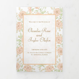 Programa Com Borda Tripla Peach Rose Wedding Programs