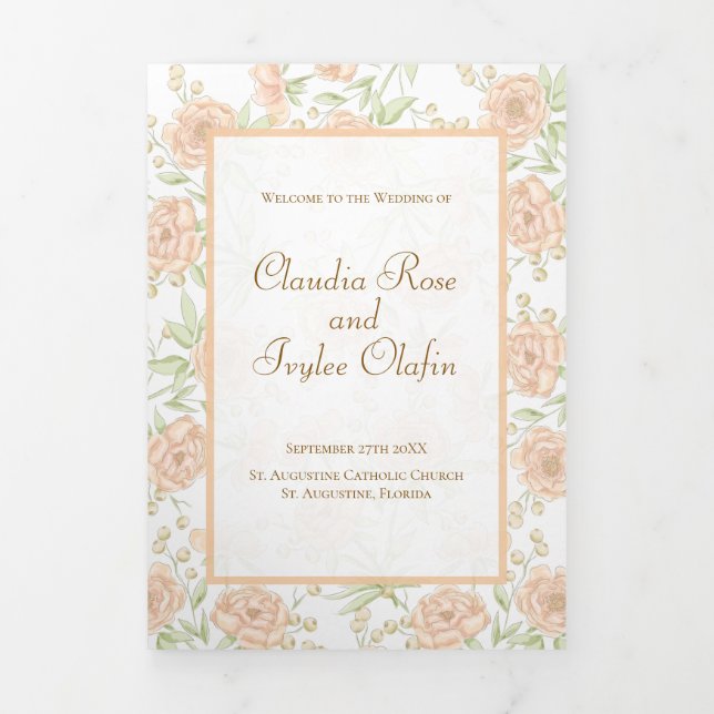 Programa Com Borda Tripla Peach Rose Wedding Programs (Cobrir)