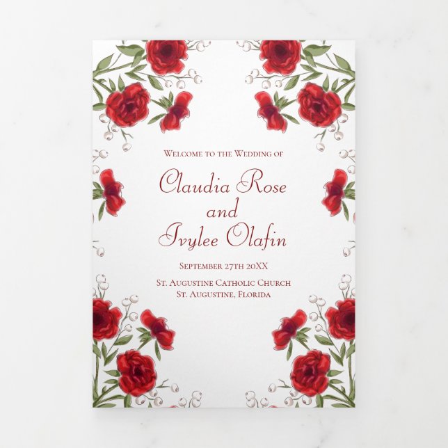 Programa Com Borda Tripla Red Rose Romantic Wedding Programs (Cobrir)