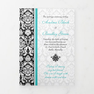 Programa Com Borda Tripla Turquesa Black Damask Tri-Fold Weding Program