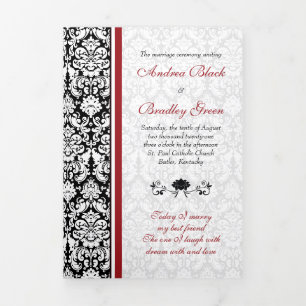 Programa Com Borda Tripla Vintage Damask Red Black Tri-Fold Wedding Program