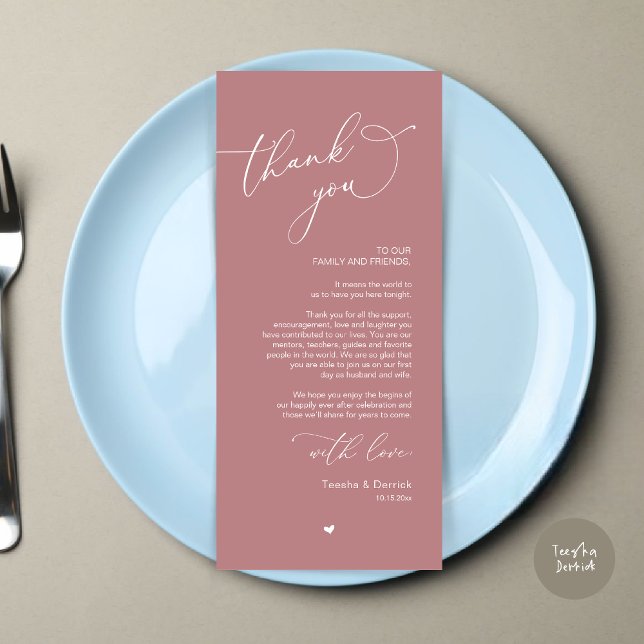 Programa Configuração de Local de Casamento Romântico Cartã (Modern Romantic Wedding Dinner Place Setting Thank You Card, Plate Decor, in Dusty Rose Pink)