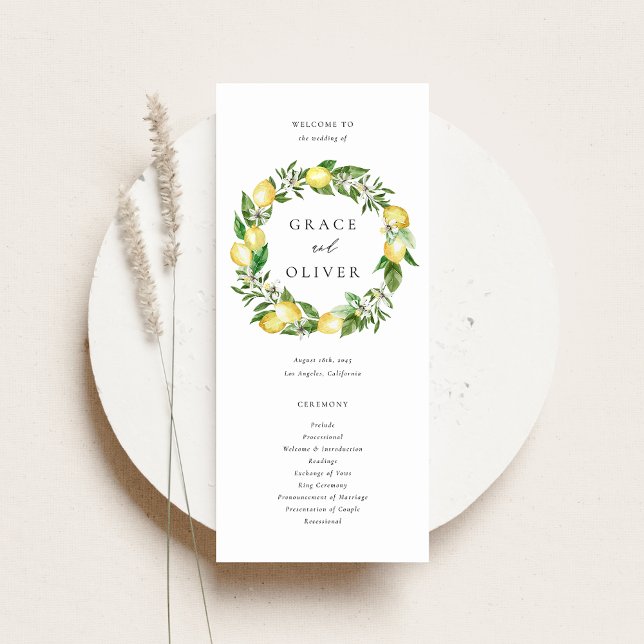 Programa Coroa Botânica de Limão com Casamento de Verduras (Customizable Wedding Program Fan with Watercolor Lemons, Blossoms & Greenery Wreath)