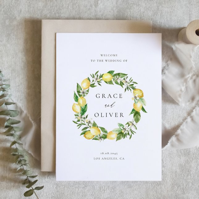 Programa Coroa de Limão Botânico e Folhagens para Casamento (Customizable Wedding Program Card with Watercolor Lemons, Blossoms & Greenery Wreath)