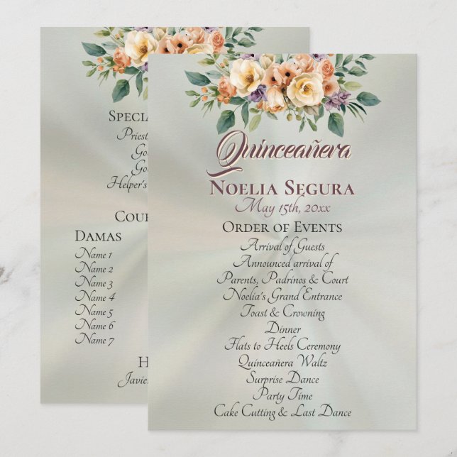 Programa Cream Floral Quinceanera - Pastel Sage (Frente/Verso)