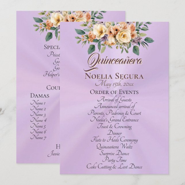 Programa Cream Floral Quinceanera Program - Lavender (Frente/Verso)