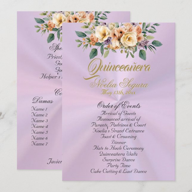Programa Cream Floral Quinceanera Program - Lavender (Frente/Verso)