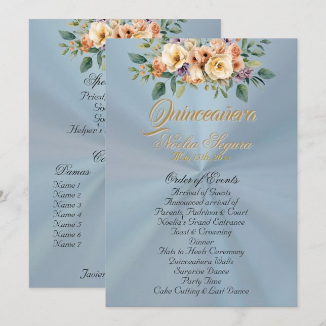 Programa Cream Floral Quinceanera Program - Pastel Blue (Frente/Verso)