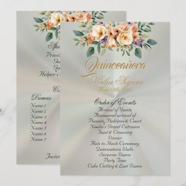 Programa Cream Floral Quinceanera Program - Pastel Green (Frente/Verso)