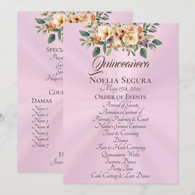 Programa Cream Floral Quinceanera - Rosa Pastel (Frente/Verso)