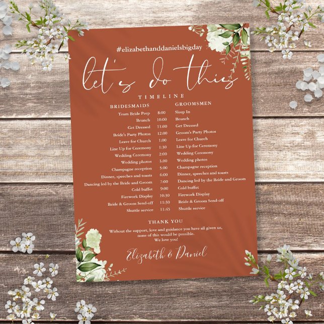 Programa Cronograma de Casamento com Verde Terracota (Terracotta Greenery Wedding Schedule Timeline Program)