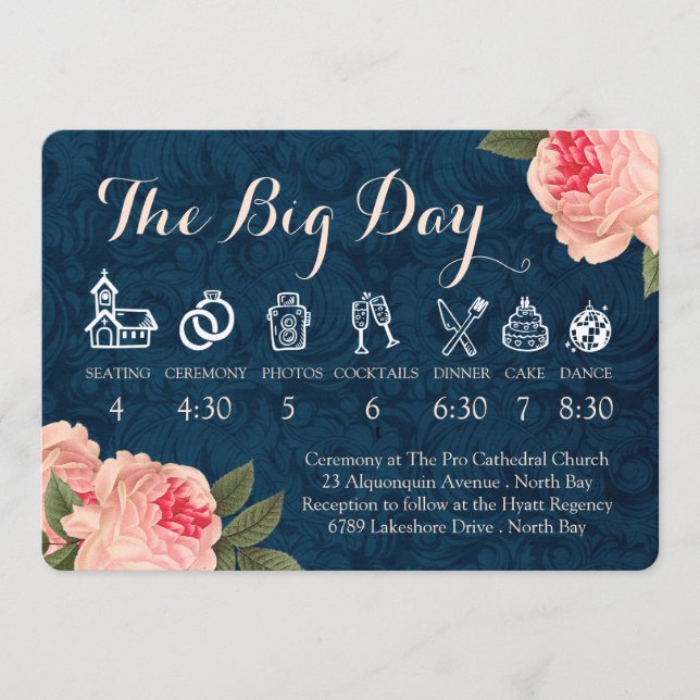 Programa Cronograma de Casamento de Peônias Coral e Azul Ma (Frente)