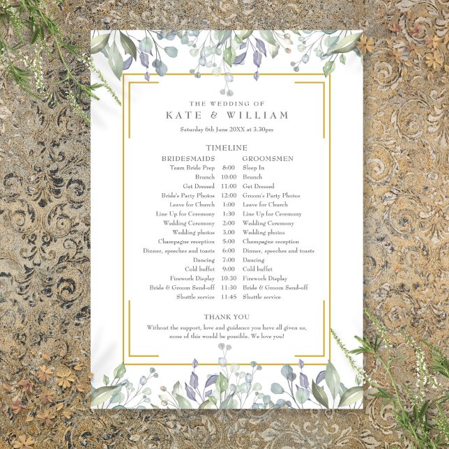 Programa Cronograma de Casamento Floral Verde (Greenery Floral Wedding Schedule Timeline Program)