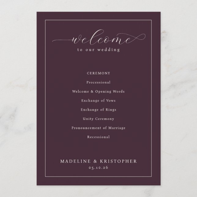 Programa Cronograma de Cerimônia de Casamento Vinho Elegant (Frente)