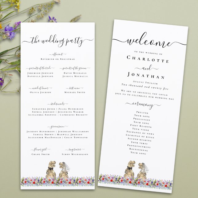 Programa da Cerimônia de Casamento com Tema de Din (T-Rex bride and groom funny dinosaur wedding ceremony program card Boho watercolor wildflower meadow)
