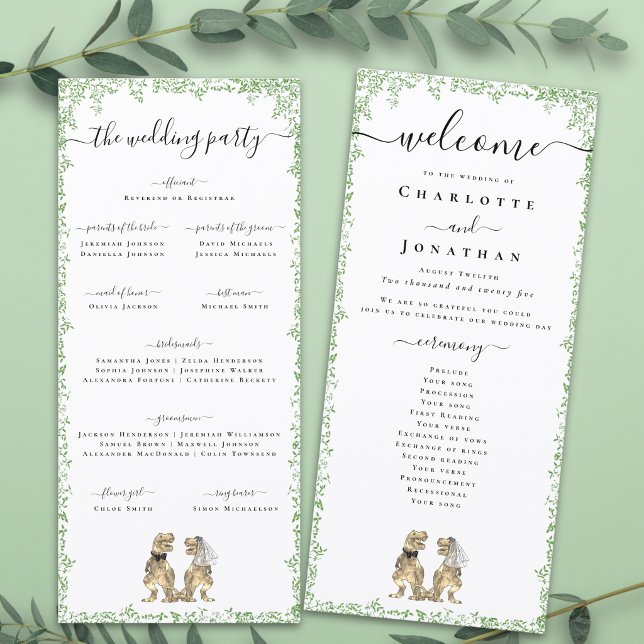 Programa da Cerimônia de Casamento com Tema de Din (T-Rex bride and groom funny dinosaur wedding ceremony program card Watercolor foliage elegant script)