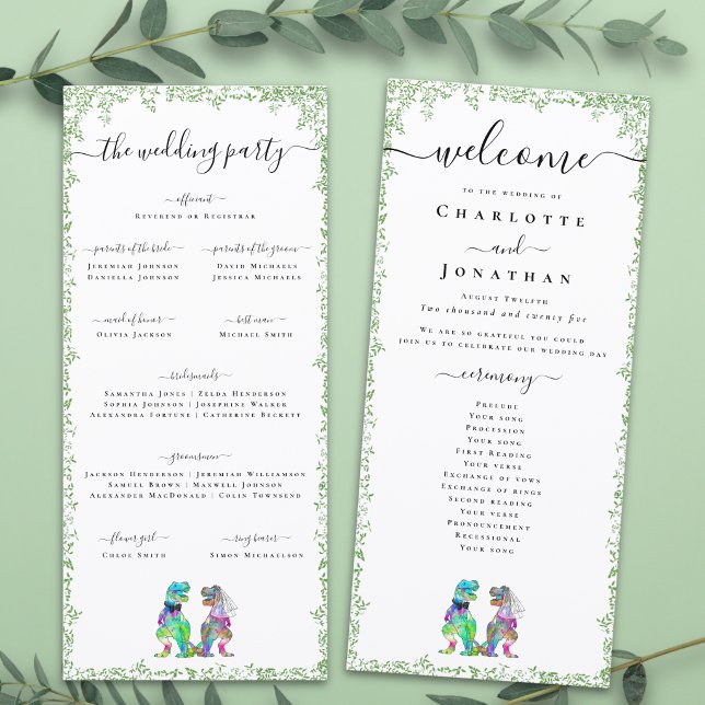 Programa da Cerimônia de Casamento da Noiva e do N (T-Rex bride and groom funny dinosaur wedding ceremony program card watercolor foliage colorful dino)