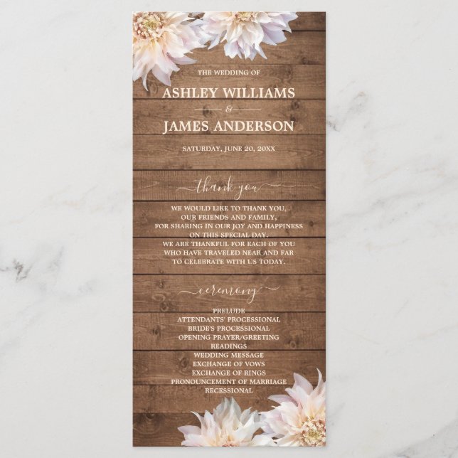 Programa Dahlia Pink Floral Rustic Wood Wedment Program (Frente)