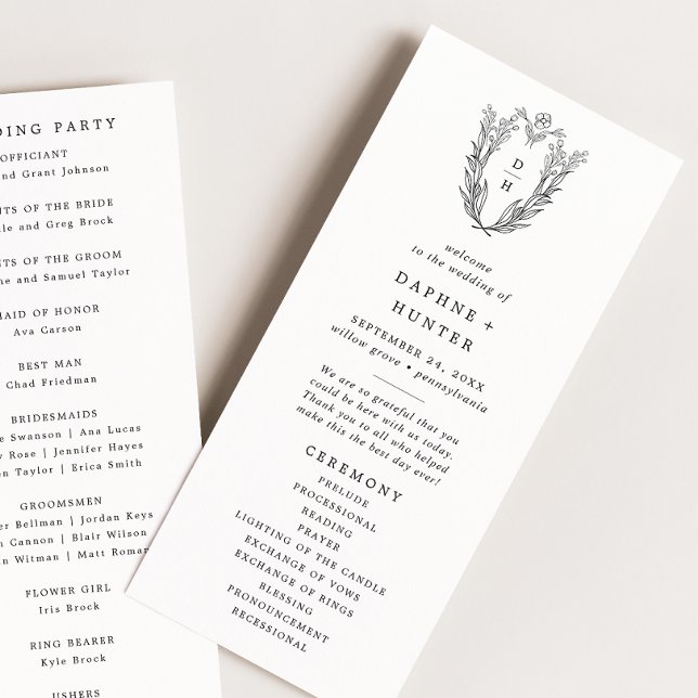 Programa DAPHNE Greenery Black White Crest Monograma Casame (DAPHNE Greenery Black White Crest Monogram Wedding Program)