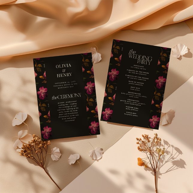 Programa Dark Floral Wedding Program Elegant Burgundy (Criador carregado)