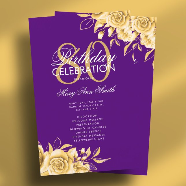 Programa de Aniversário do Floral 80 Dourado e Pur (Floral 80th Birthday Program Gold & Purple w/ Menu)