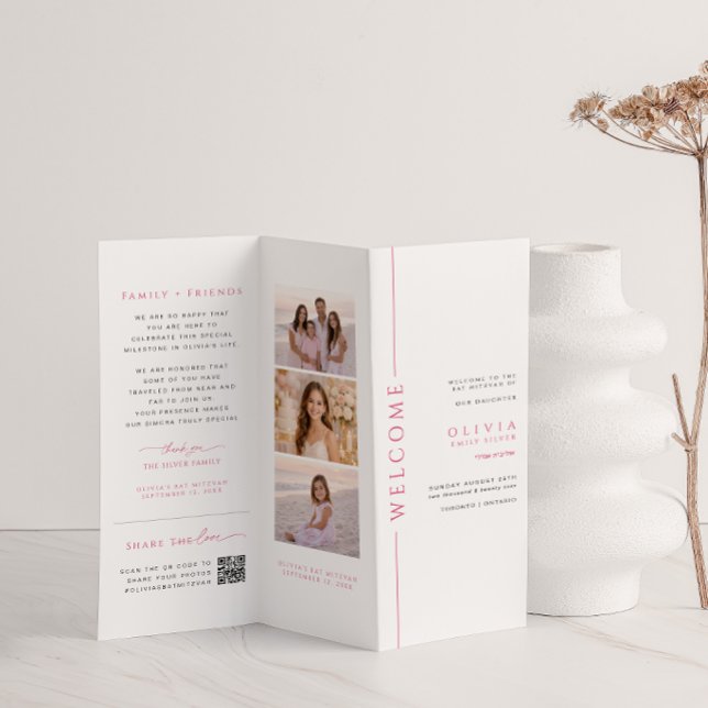 Programa de Bat Mitzvah Rosa e Branco Trifoliar (Criador carregado)