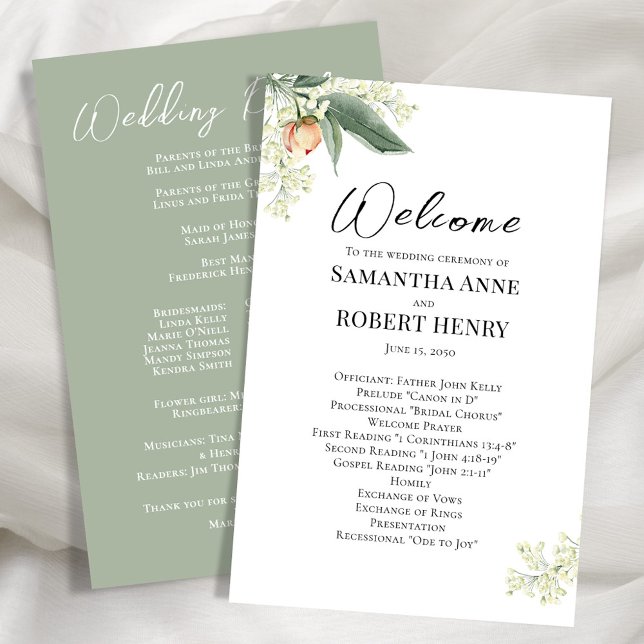 Programa de Boas-Vindas de Casamento Floral Verde  (Peach floral design with green background. )