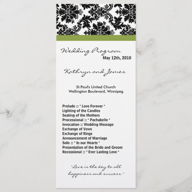 Programa de Casamento 4x9 - Damasco Negro e Verde (Frente)