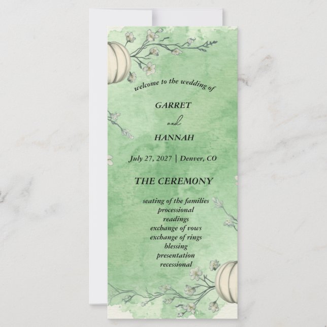 Programa de Casamento Abóbora de Outono Verde Rúst (Frente)