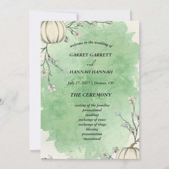 Programa de Casamento Abóbora de Outono Verde Rúst (Frente)