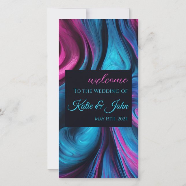 Programa de Casamento-Abstrato moderno azul e rosa (Frente)