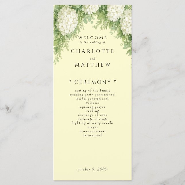 Programa de Casamento Amarelo Elegante Hortênsias  (Frente)