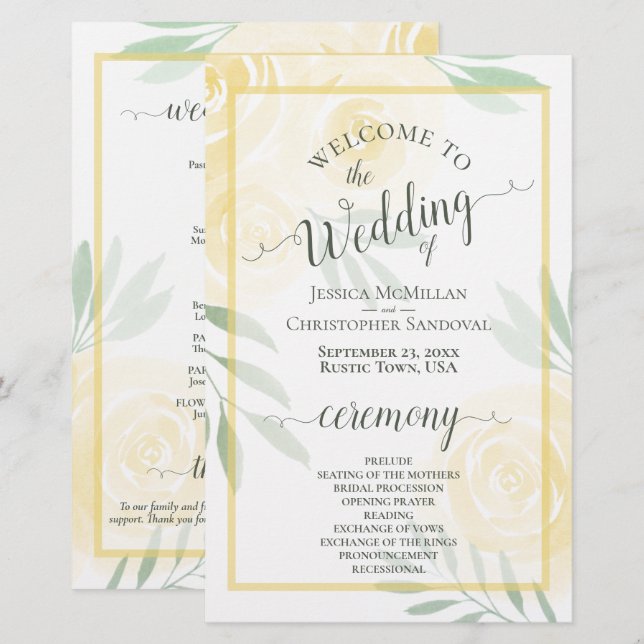 Programa de Casamento Amarelo Manteiga e Rosas Sal (Frente/Verso)
