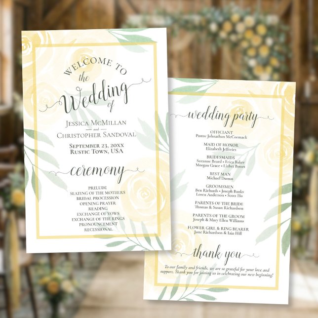 Programa de Casamento Amarelo Manteiga e Rosas Sal (Front/Back)
