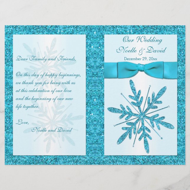 Programa de Casamento Aqua FAUX Glitter Snowflakes (Frente)