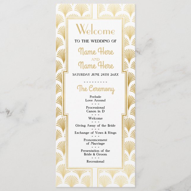 Programa de Casamento Aquarela Arte Deco Dourado d (Frente)