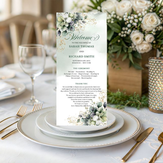 Programa de Casamento Aquarela em Verde Poeirento (Dusty Green Greenery Watercolor Wedding Program)