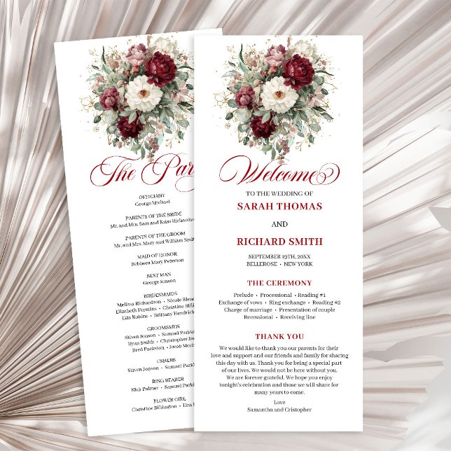 Programa de Casamento Artístico com Bege Burgundy  (Artistic Blush Burgundy Greenery Wedding Program)