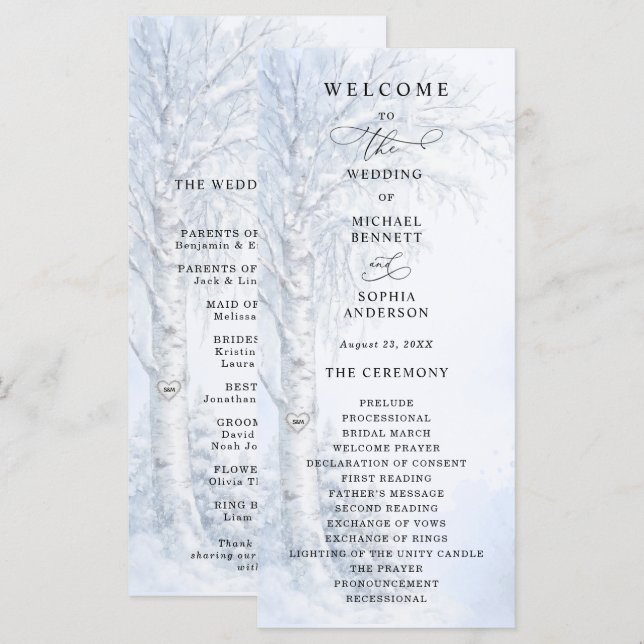 Programa de Casamento Árvore de Bétula Congelada (Frente/Verso)