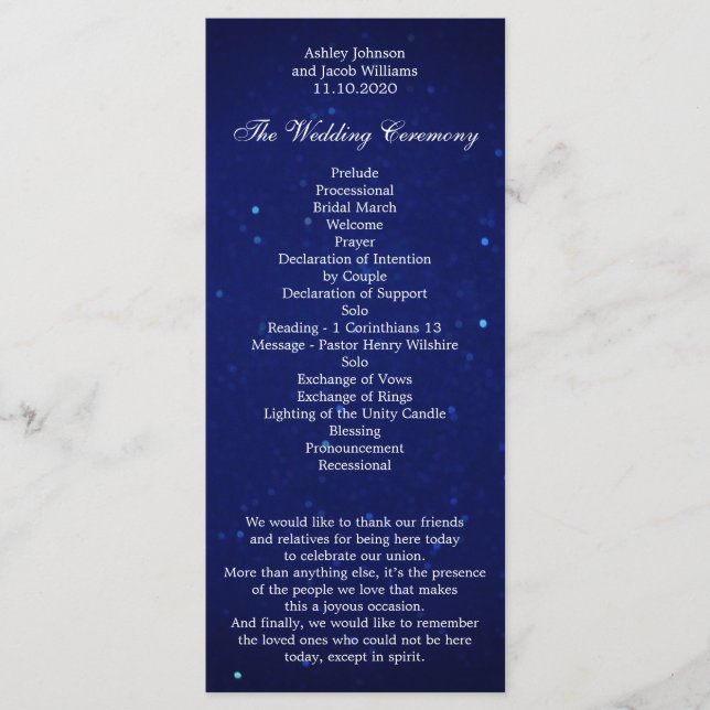Programa de casamento azul. Cerimônia de inverno à (Frente)